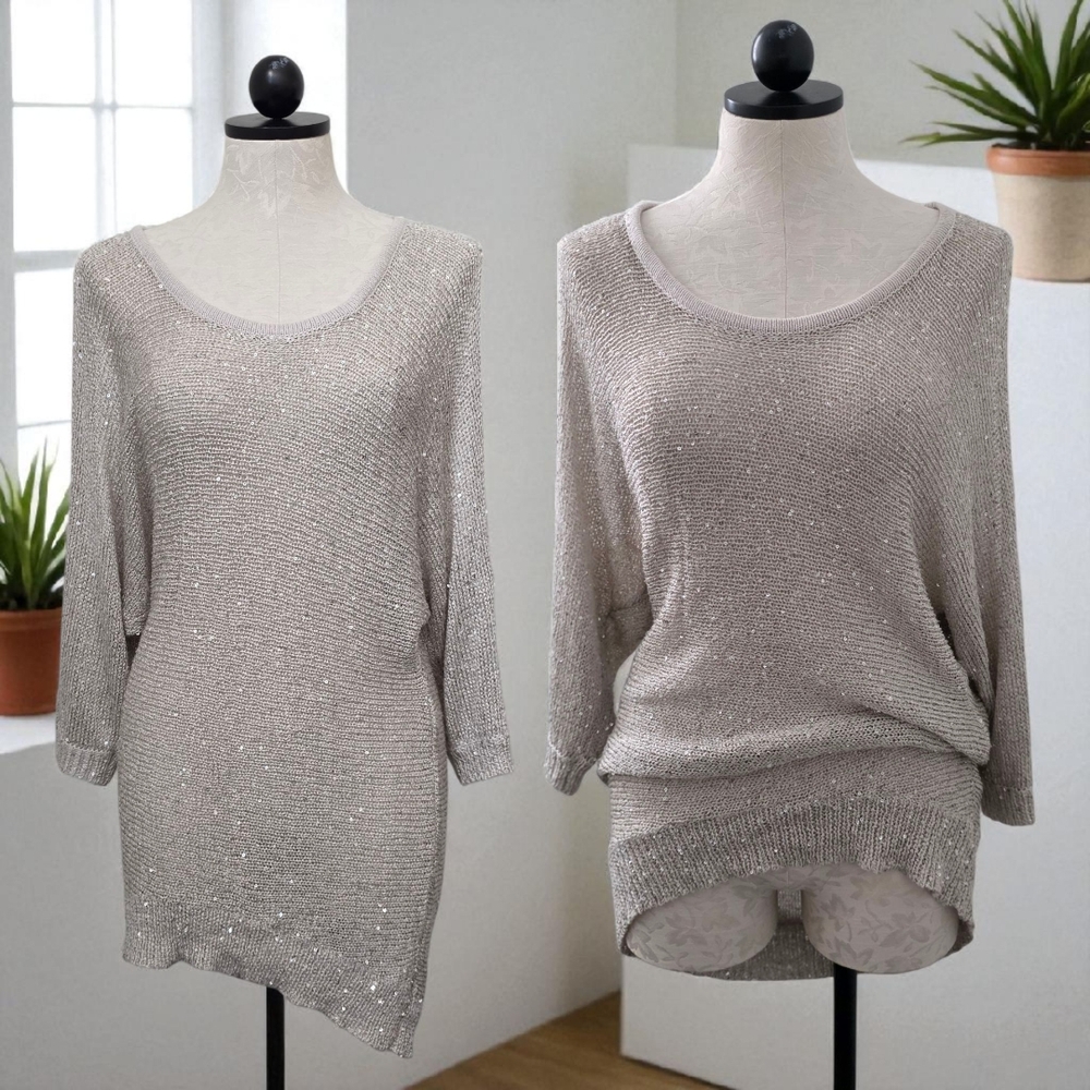 Beige By Eci Asymmetrical Sparkle Sequin Knitted Crocheted Tunic Dress Small
